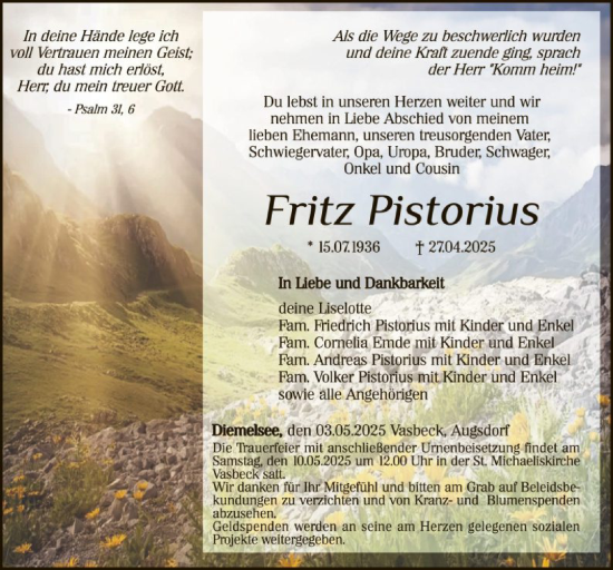 Traueranzeige von Fritz Pistorius von WLZ