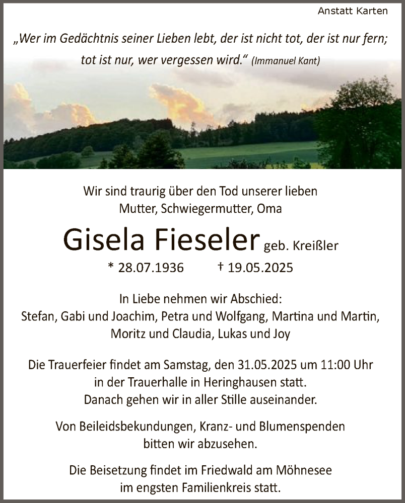  Traueranzeige für Gisela Fieseler vom 26.05.2025 aus WLZ