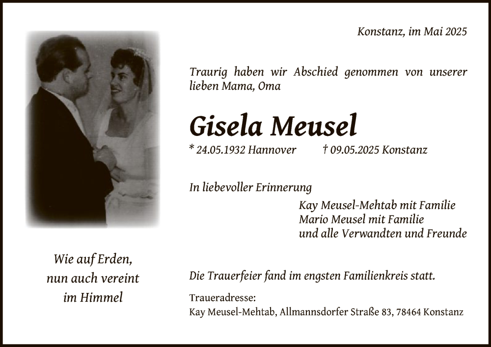  Traueranzeige für Gisela Meusel vom 24.05.2025 aus WLZ
