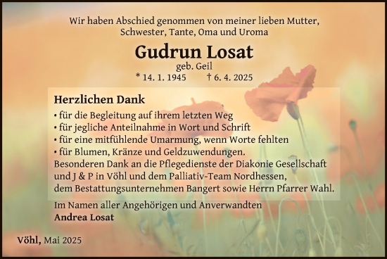Traueranzeige von Gudrun Losat von WLZ