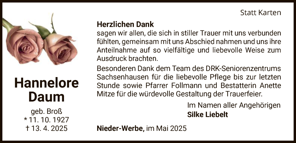  Traueranzeige für Hannelore Daum vom 31.05.2025 aus WLZ