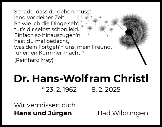 Traueranzeige von Hans-Wolfram Christl von WLZ
