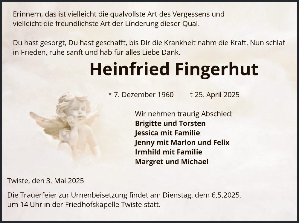  Traueranzeige für Heinfried Fingerhut vom 03.05.2025 aus WLZ