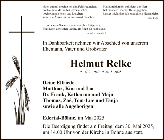 Traueranzeige von Helmut Relke von WLZ