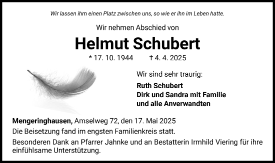 Traueranzeige von Helmut Schubert von WLZ
