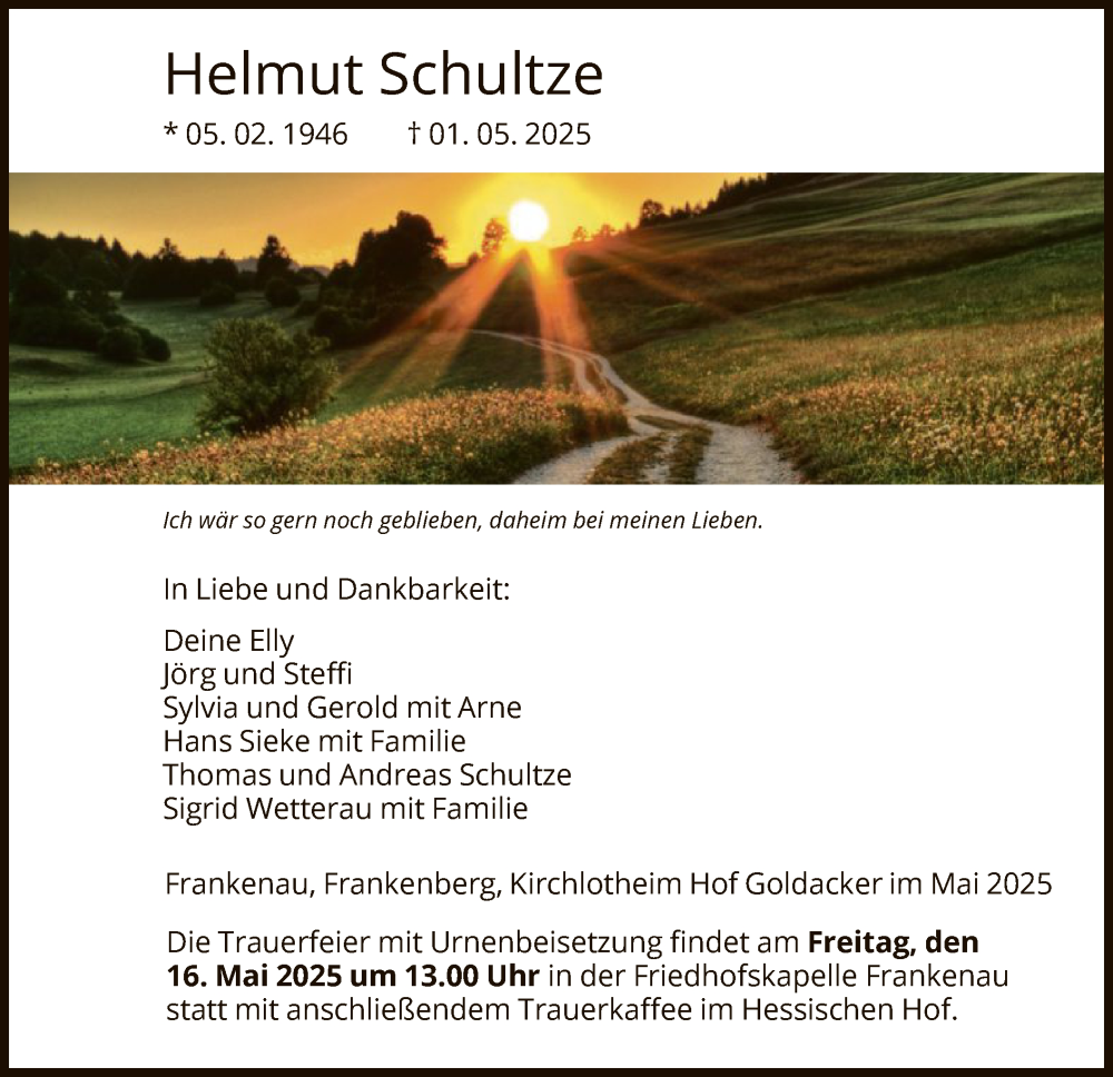  Traueranzeige für Helmut Schultze vom 13.05.2025 aus HNAWLZ