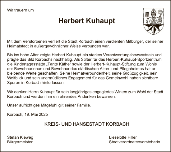Traueranzeige von Herbert Kuhaupt von WLZ