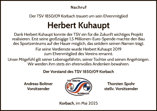 Traueranzeige von Herbert Kuhaupt von WLZ