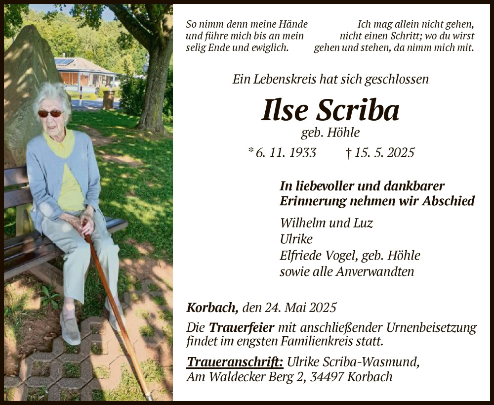  Traueranzeige für Ilse Scriba vom 24.05.2025 aus WLZ