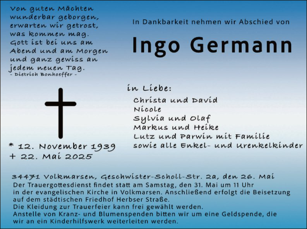  Traueranzeige für Ingo Germann vom 28.05.2025 aus WLZ