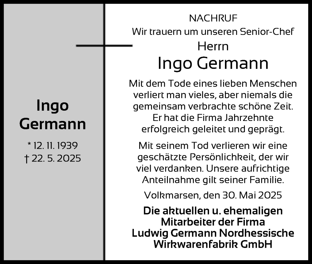 Traueranzeige für Ingo Germann vom 30.05.2025 aus WLZ
