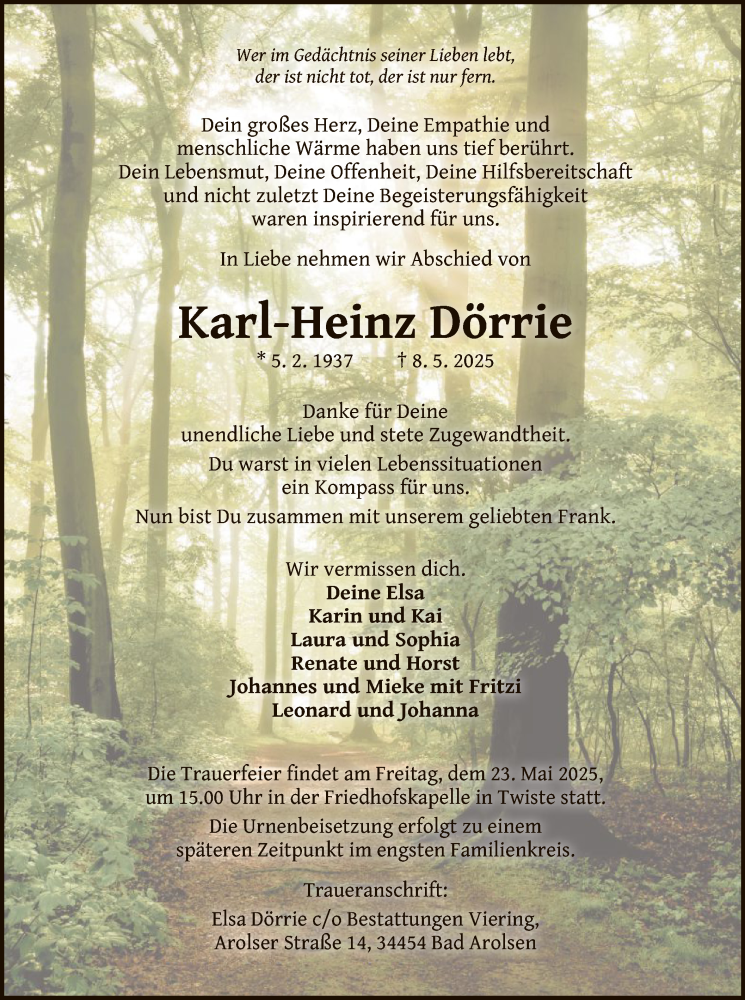  Traueranzeige für Karl-Heinz Dörrie vom 17.05.2025 aus WLZ