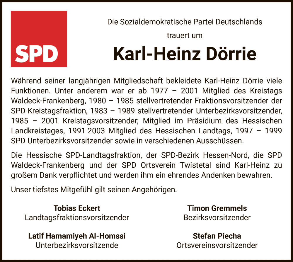  Traueranzeige für Karl-Heinz Dörrie vom 20.05.2025 aus WLZHNA
