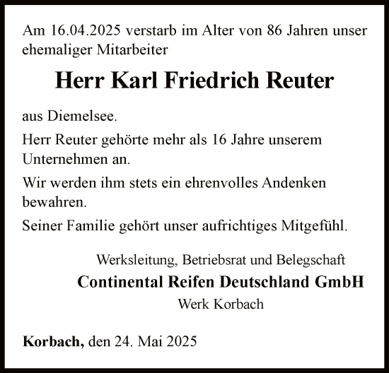 Traueranzeige von Karl Friedrich Reuter von WLZ