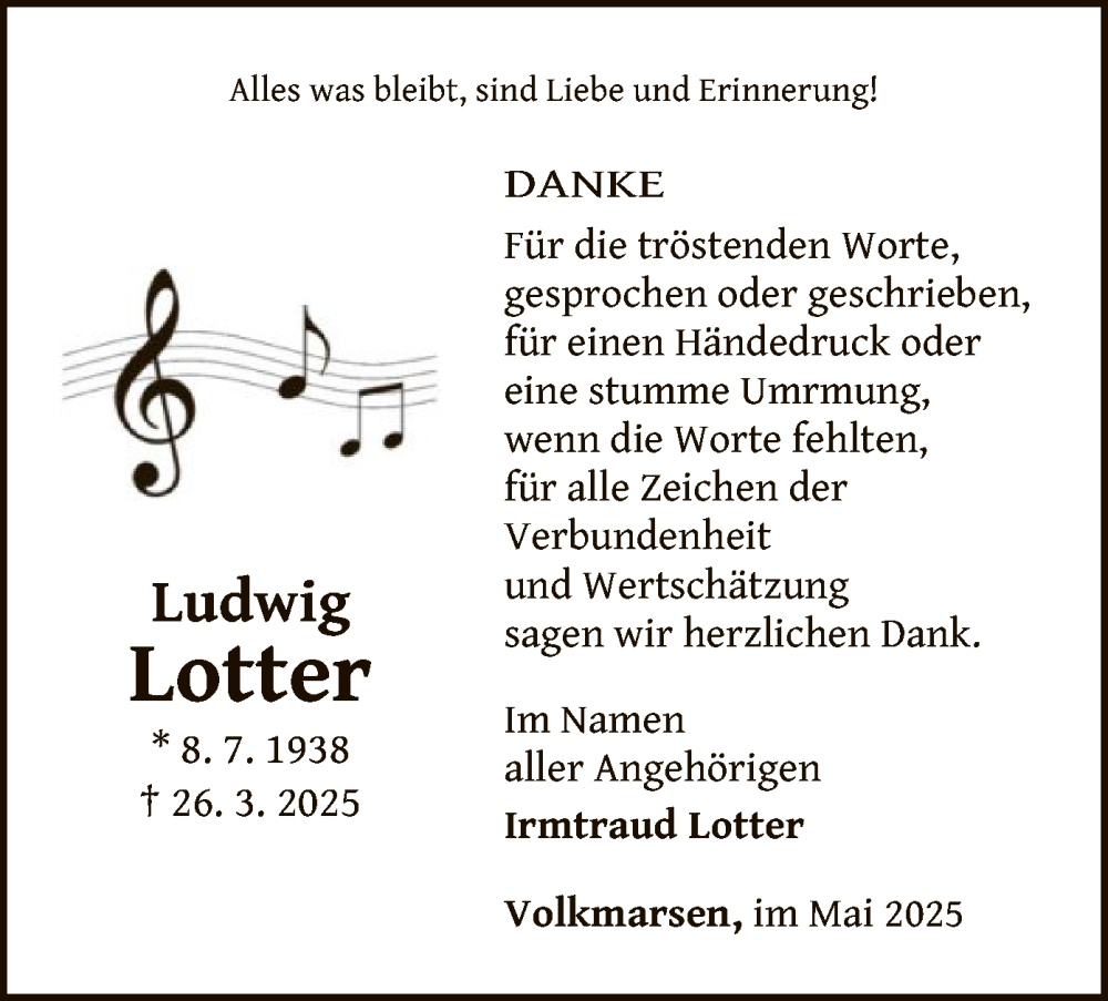  Traueranzeige für Ludwig Lotter vom 03.05.2025 aus WLZHNA