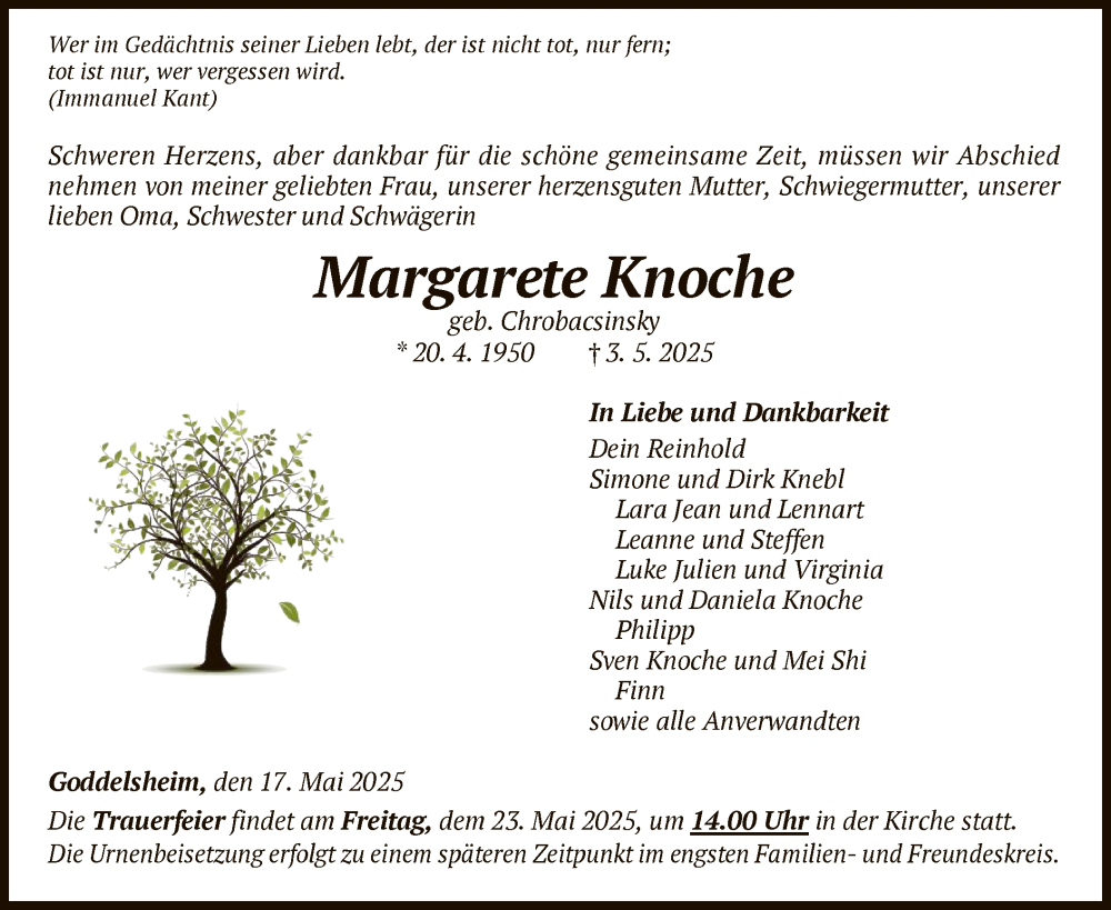  Traueranzeige für Margarete Knoche vom 17.05.2025 aus WLZ