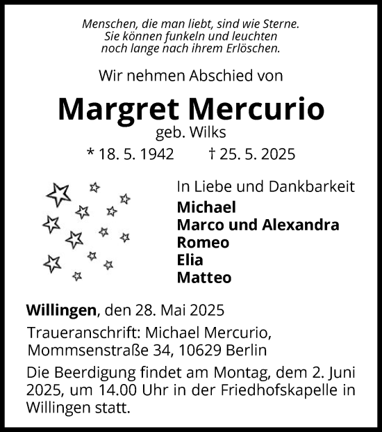 Traueranzeige von Margret Mercurio von WLZ