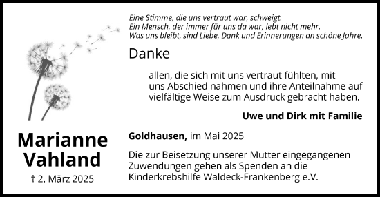 Traueranzeige von Marianne Vahland von WLZ