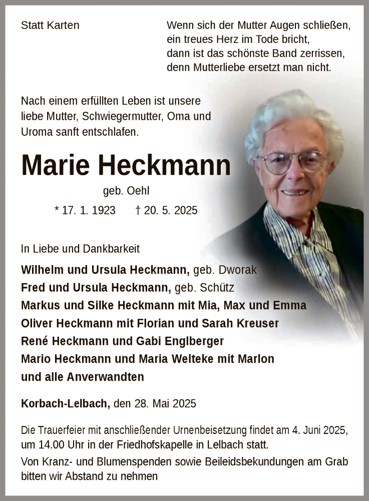  Traueranzeige für Marie Heckmann vom 28.05.2025 aus WLZ