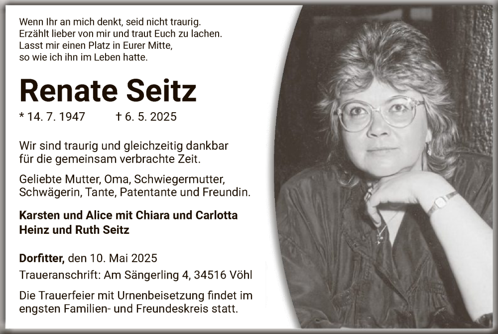  Traueranzeige für Renate Seitz vom 10.05.2025 aus WLZ