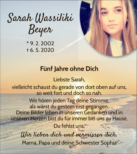 Traueranzeige von Sarah Wassiliki Beyer von WLZ
