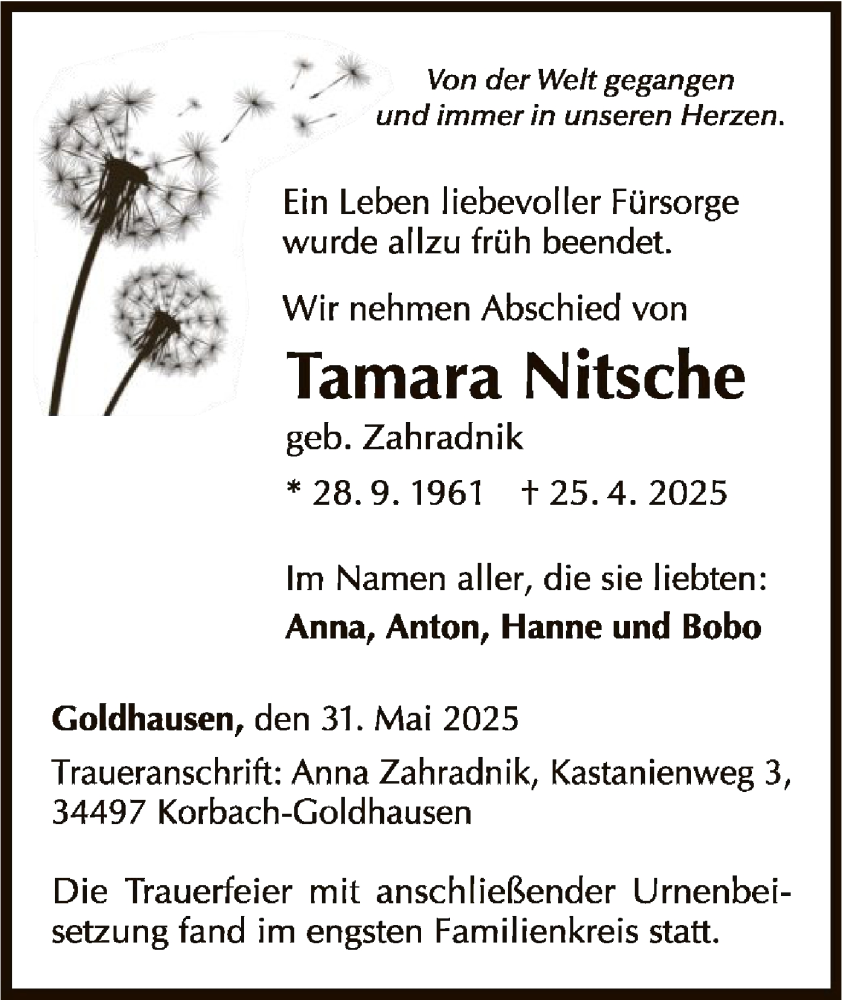  Traueranzeige für Tamara Nitsche vom 31.05.2025 aus WLZ