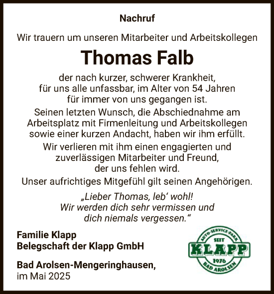Traueranzeige von Thomas Falb von WLZ