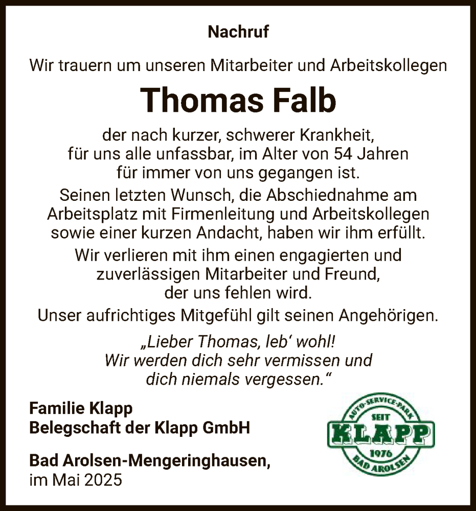  Traueranzeige für Thomas Falb vom 17.05.2025 aus WLZ