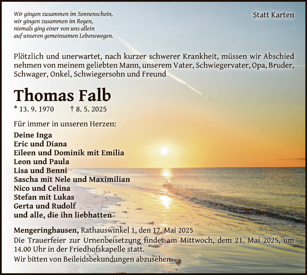  Traueranzeige für Thomas Falb vom 17.05.2025 aus WLZ