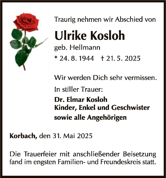Traueranzeige von Ulrike Kosloh von WLZ