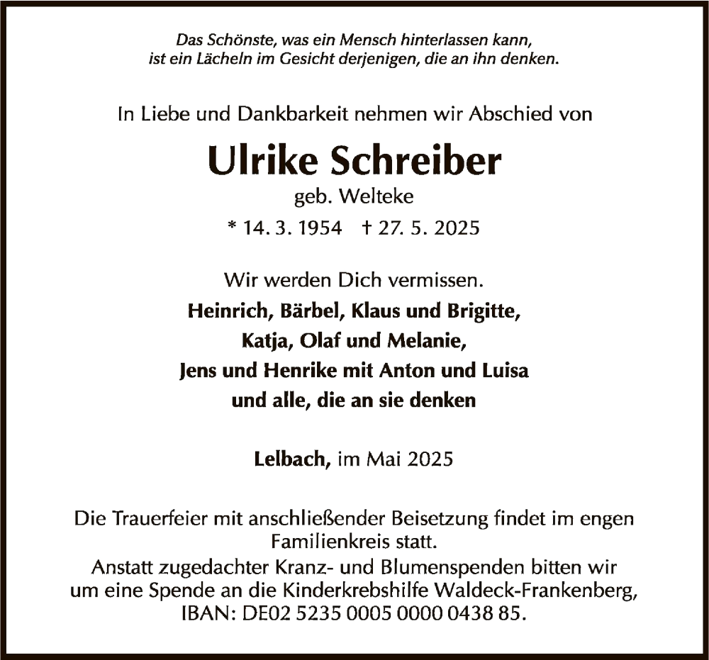  Traueranzeige für Ulrike Schreiber vom 31.05.2025 aus WLZ
