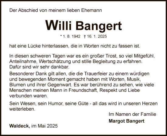Traueranzeige von Willi Bangert von WLZ