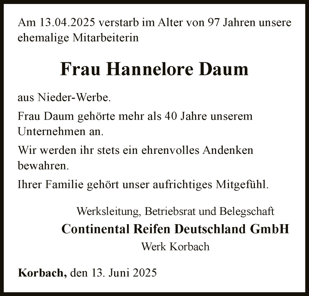  Traueranzeige für Hannelore Daum vom 13.06.2025 aus WLZ