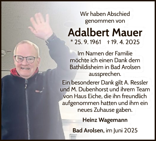 Traueranzeige von Adalbert Mauer von WLZ