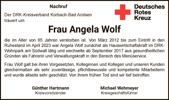 Traueranzeige von Angela Wolf von WLZ
