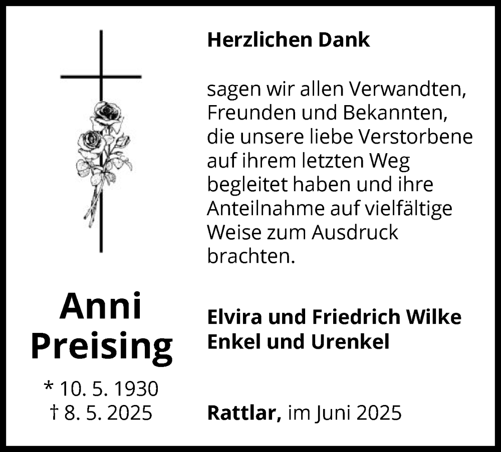  Traueranzeige für Anni Preising vom 14.06.2025 aus WLZ