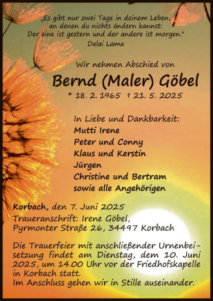  Traueranzeige für Bernd Göbel vom 07.06.2025 aus WLZ