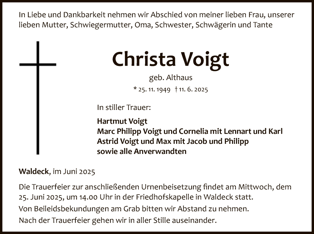  Traueranzeige für Christa Voigt vom 14.06.2025 aus WLZ