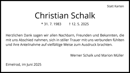 Traueranzeige von Christian Schalk von WLZ