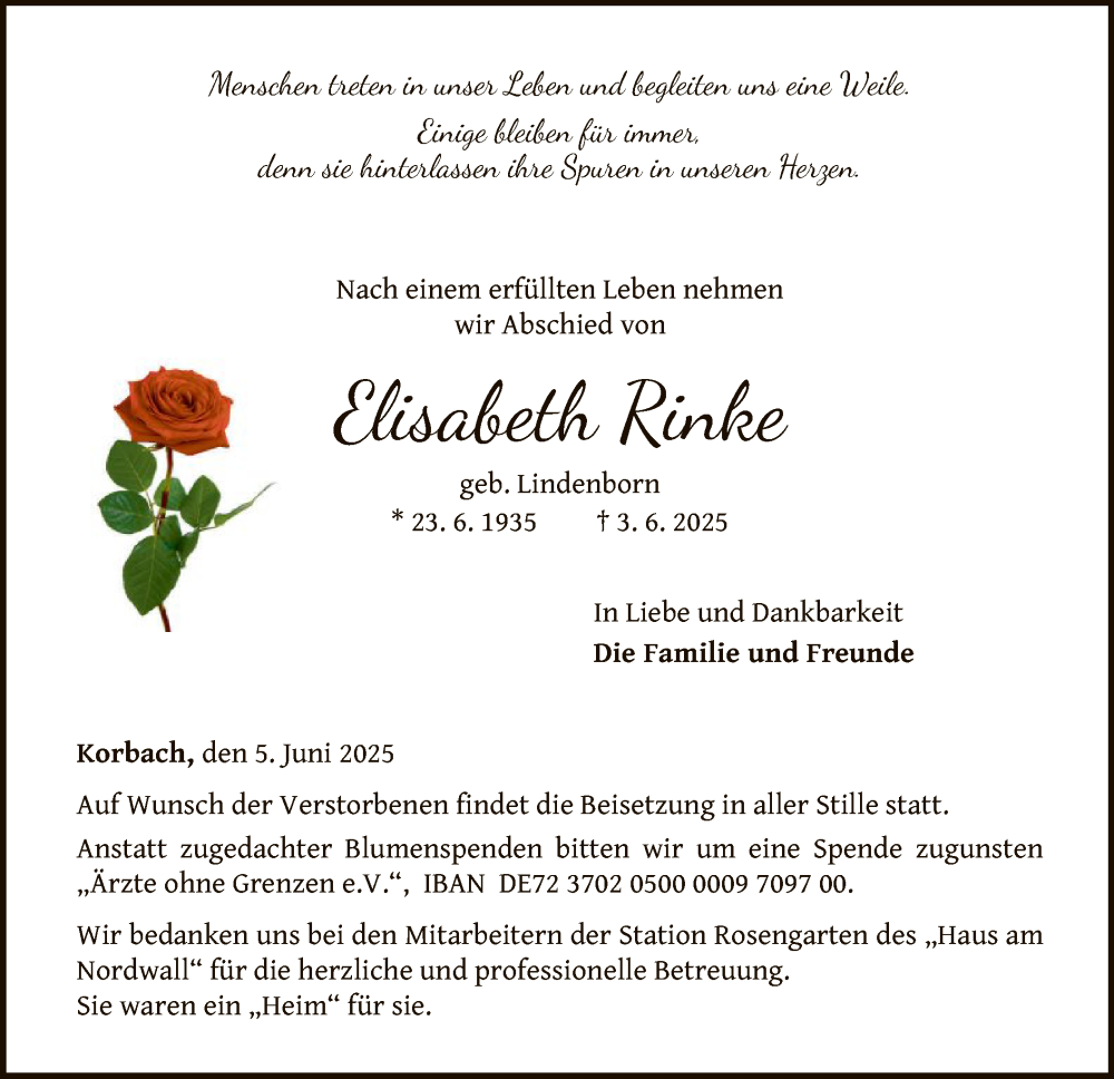  Traueranzeige für Elisabeth Rinke vom 05.06.2025 aus WLZ
