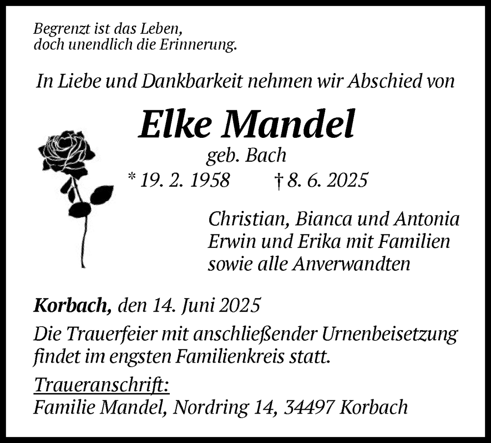  Traueranzeige für Elke Mandel vom 14.06.2025 aus WLZ