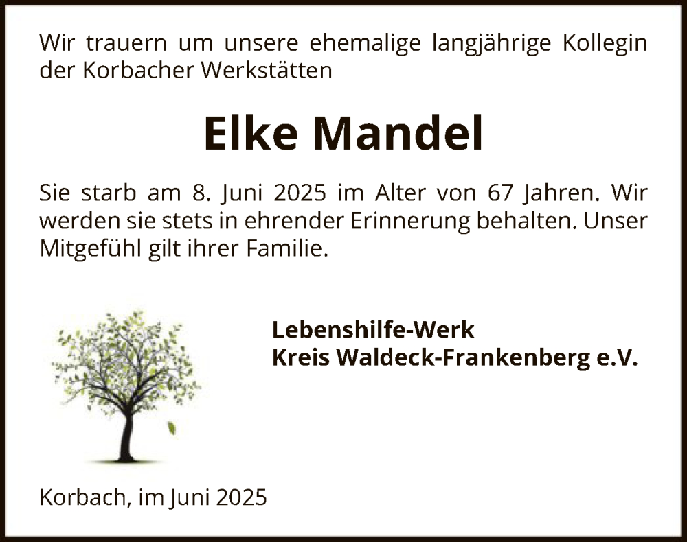  Traueranzeige für Elke Mandel vom 18.06.2025 aus WLZ