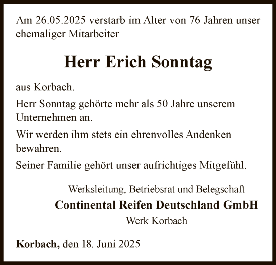 Traueranzeige von Erich Sonntag von WLZ