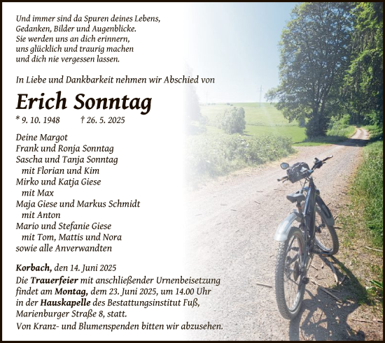 Traueranzeige von Erich Sonntag von WLZ