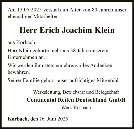 Traueranzeige von Erich Joachim Klein von WLZ