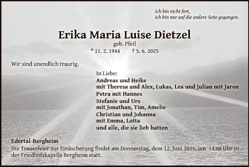  Traueranzeige für Erika Maria Luise Dietzel vom 07.06.2025 aus WLZ