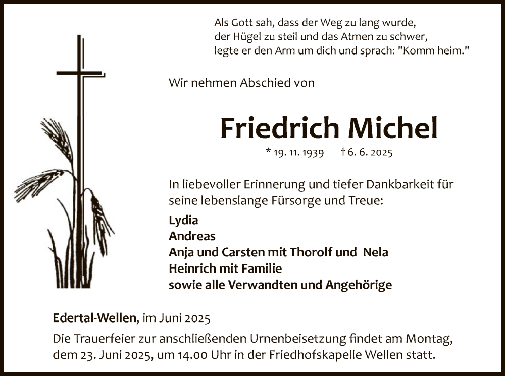  Traueranzeige für Friedrich Michel vom 14.06.2025 aus WLZ