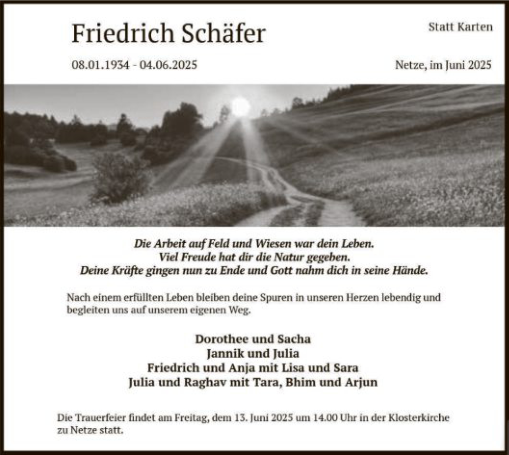  Traueranzeige für Friedrich Schäfer vom 07.06.2025 aus WLZ