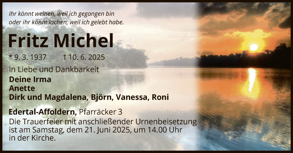 Traueranzeige für Fritz Michel vom 14.06.2025 aus WLZ