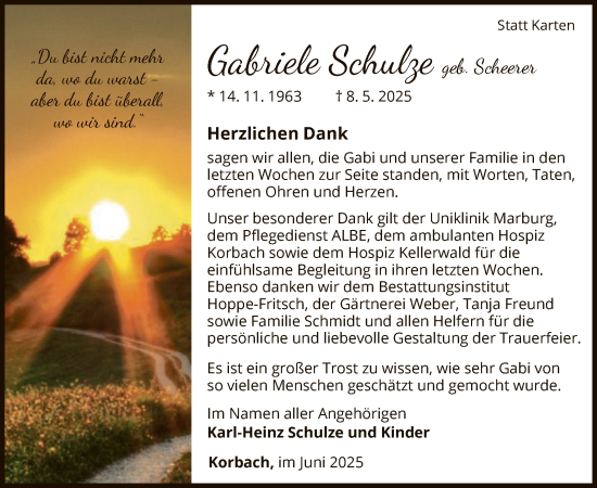 Traueranzeige von Gabriele Schulze von WLZHNA